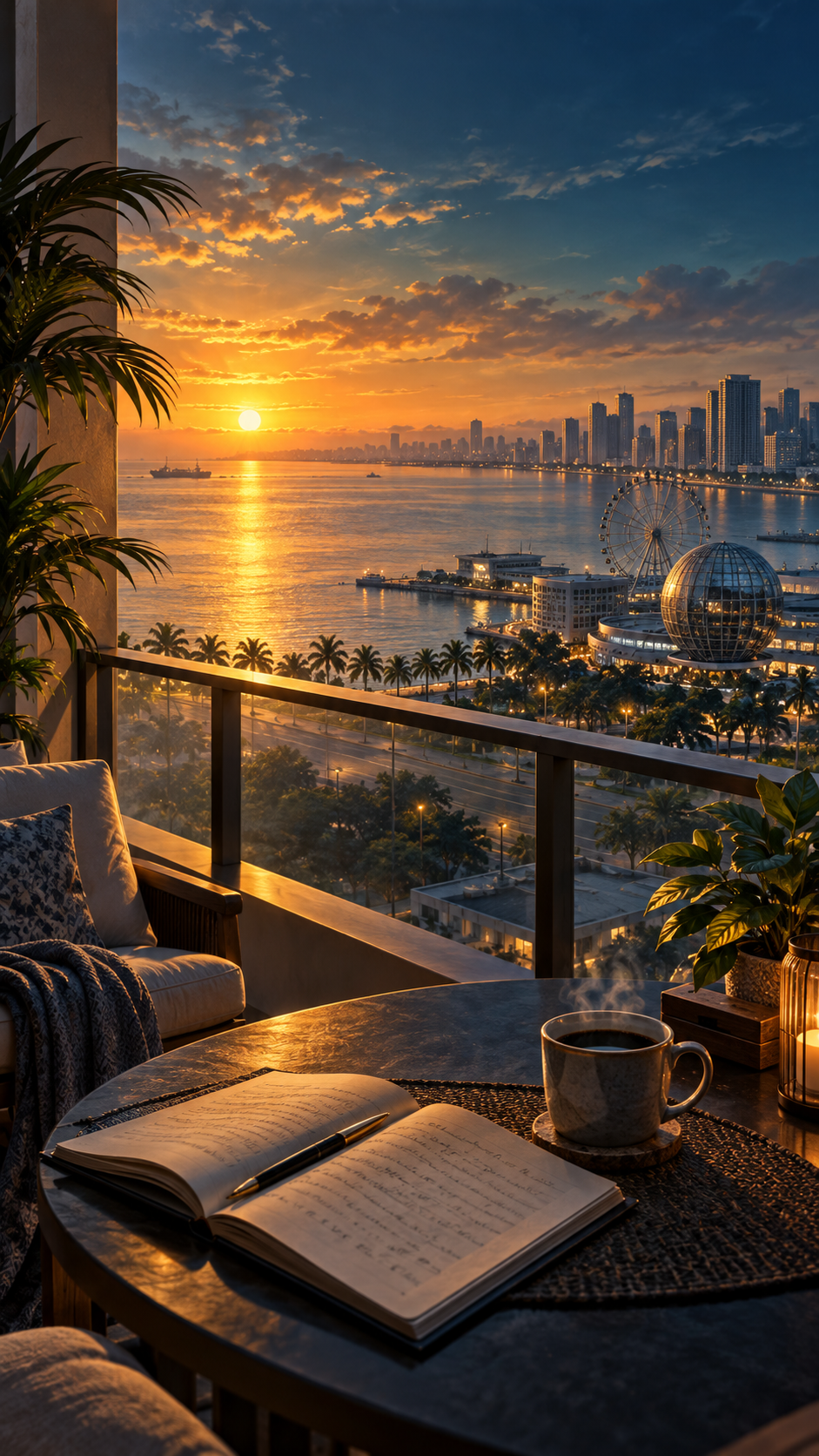 Artwork for issue 1: a quiet balcony over Manila Bay at sunrise, an open ledger and a cup of coffee on a low table.