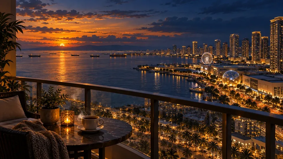 Manila Bay at dusk, seen from the esplanade beside the SM Mall of Asia complex in Pasay.