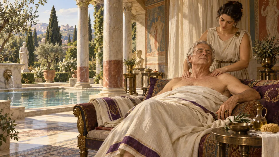 An older Roman senator lies at ease while his shoulders are worked, in warm late afternoon light.